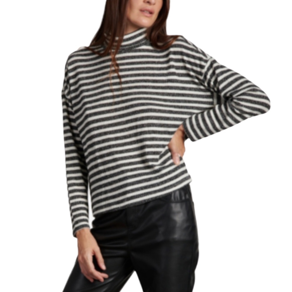 Sanctuary Nikolai Mettalic Stripe Cowl Neck Top Black/White Stripe Medium NEW